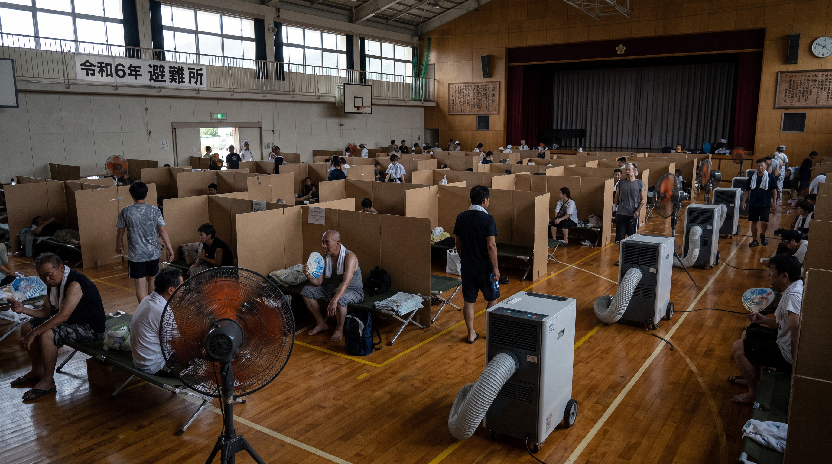 Evacuees shelter in converted gymnasiums, where authorities are rushing to install portable cooling units to prevent heatstroke.
