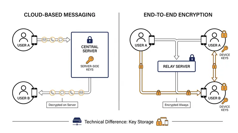 Unlike default end-to-end encrypted apps, cloud-based messengers hold the decryption keys on their own servers.