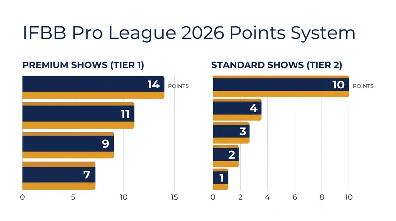 Premium events like the Arnold Classic and New York Pro offer significantly higher points for top-five finishers.