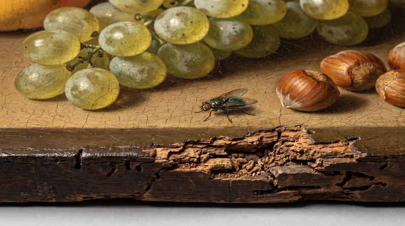 Woodworm damage along the bottom edge of the panel destroyed the area where Peeters typically signed her works.
