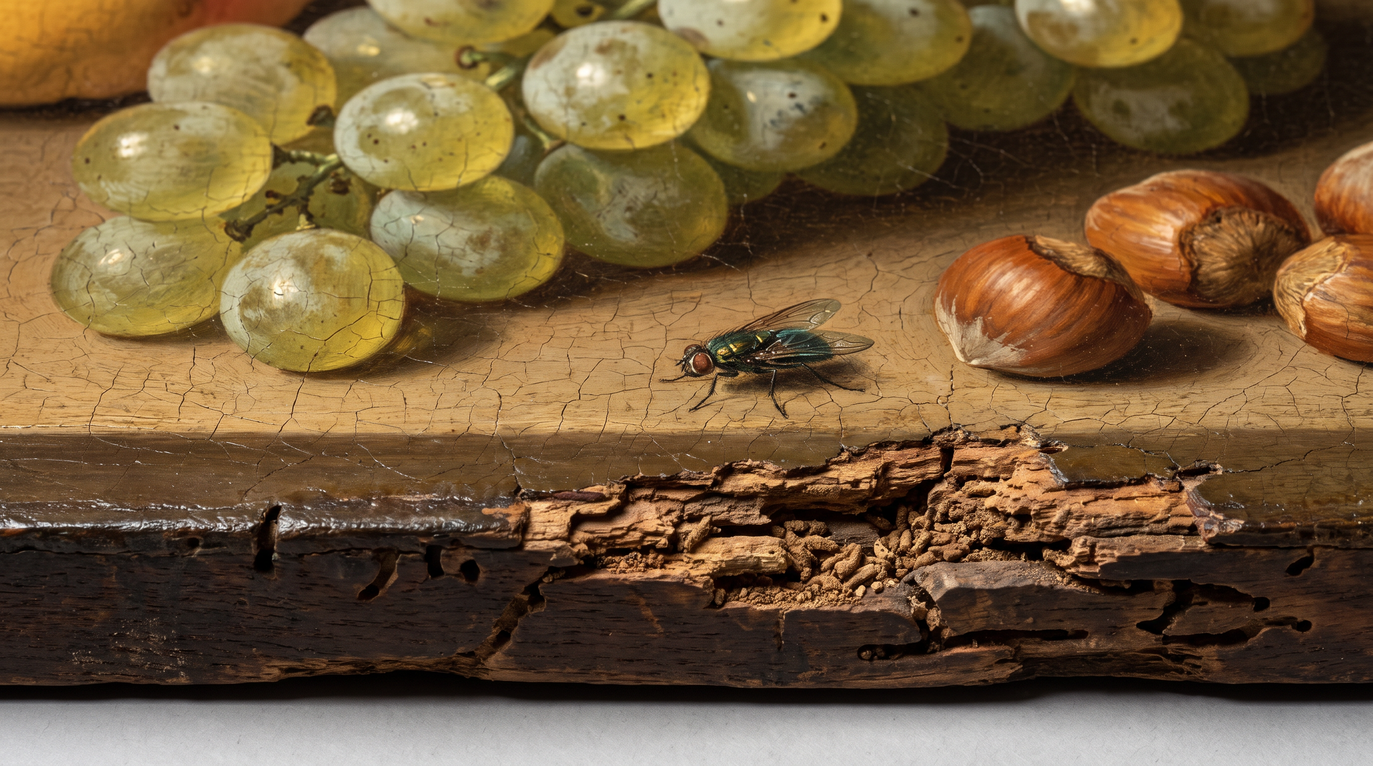 Woodworm damage along the bottom edge of the panel destroyed the area where Peeters typically signed her works.