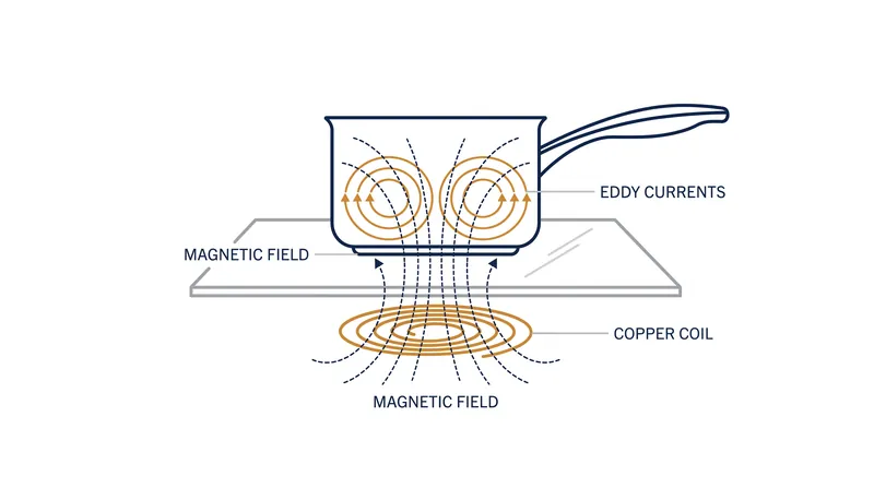 Electromagnetic induction creates resistance within the metal of the pan, generating heat directly in the cookware.
