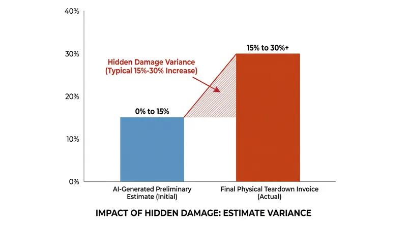 Preliminary AI estimates often differ from final invoices due to hidden internal damage discovered during physical teardowns.