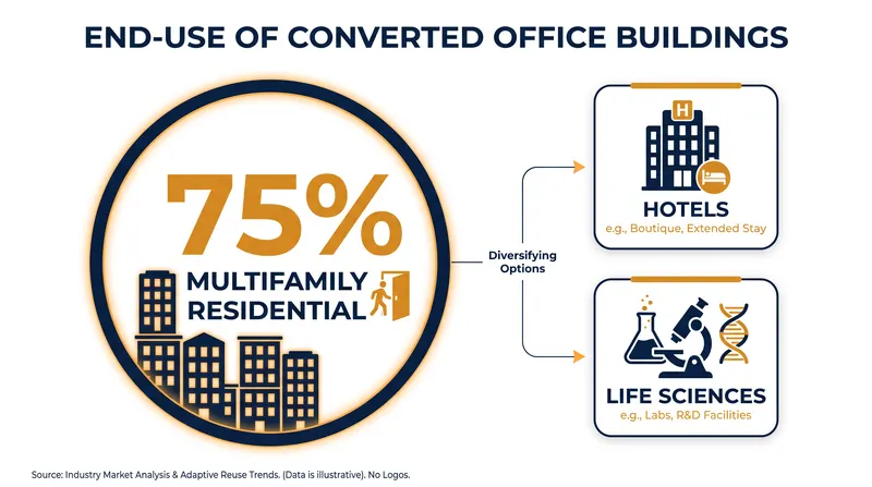 The vast majority of office conversions are being redeveloped into multifamily housing.