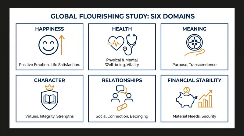 The Global Flourishing Study measures well-being across six interconnected domains.