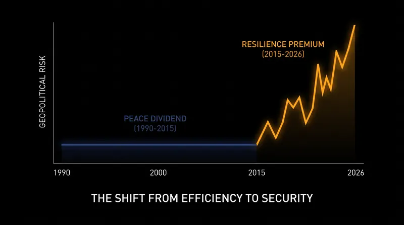 The structural shift from the stable 'peace dividend' era to a high-volatility 'resilience premium' environment.