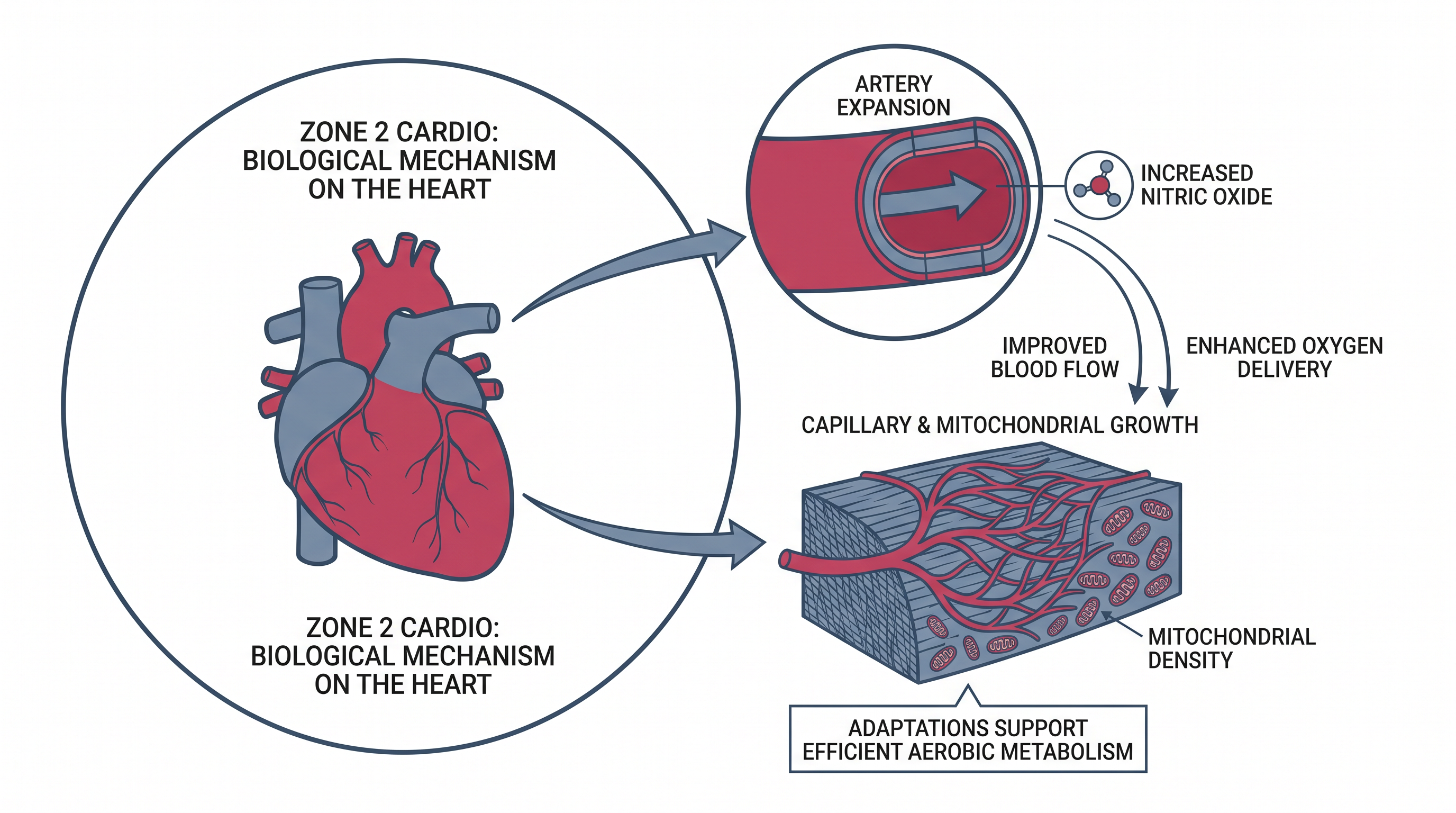 High volumes of moderate cardio trigger structural adaptations, including capillary expansion and improved arterial elasticity.