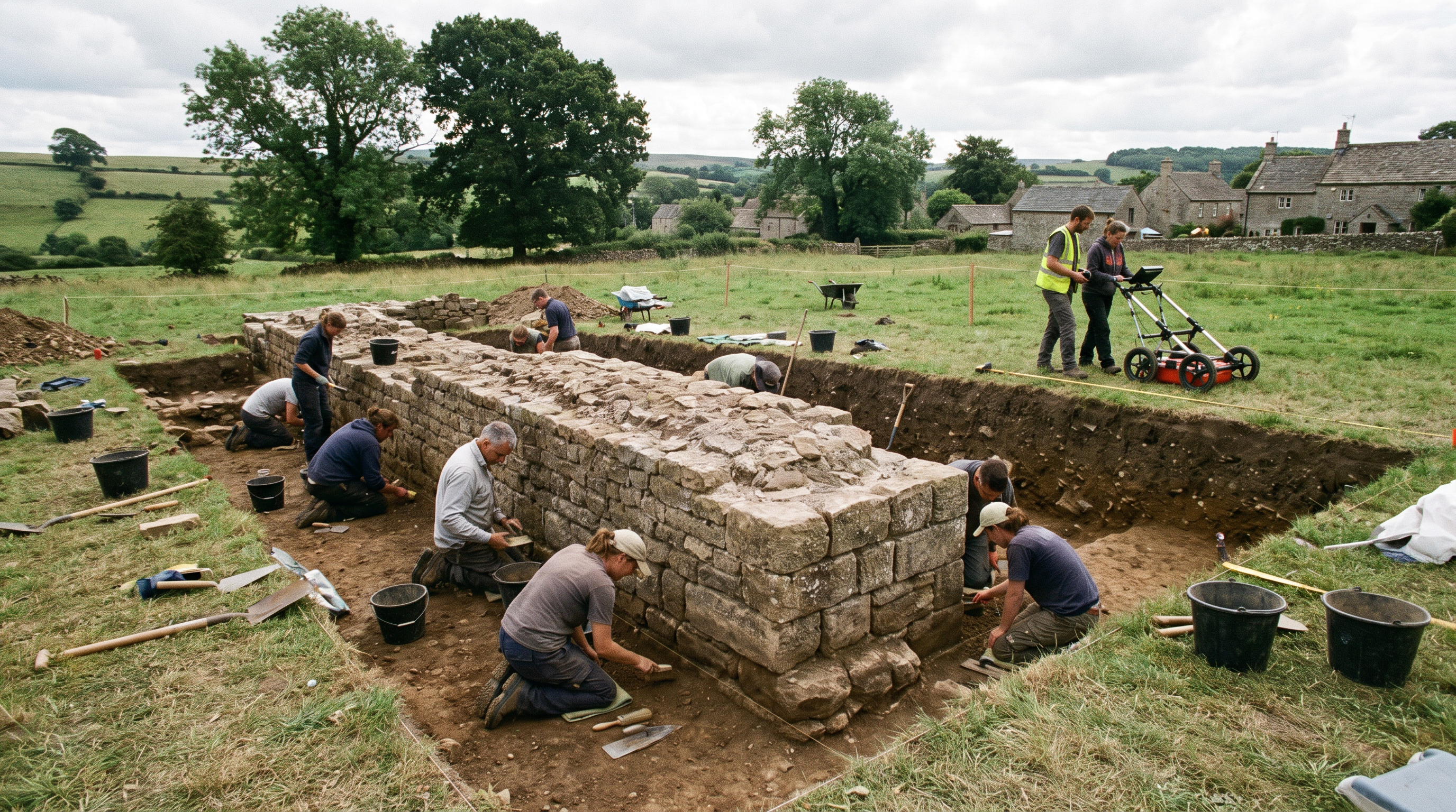 Archaeologists uncover a two-meter-thick stone wall outside the known boundaries of the monastery.
