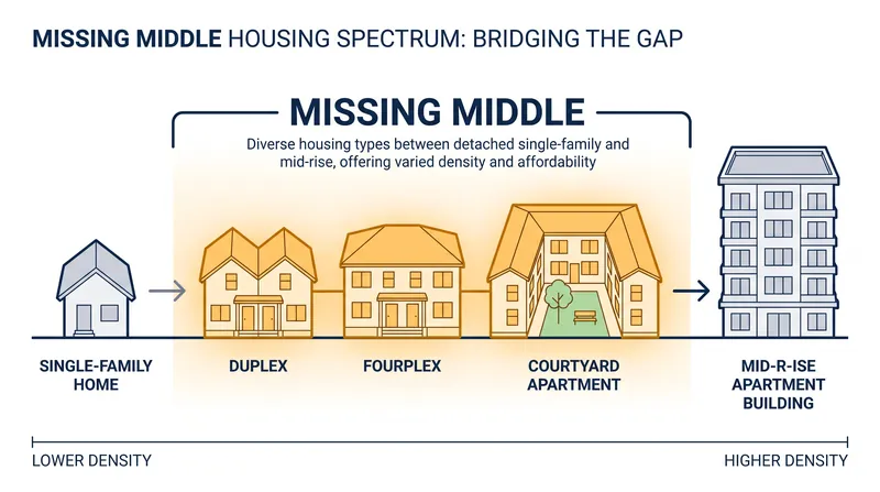 Zoning reforms aim to legalize 'missing middle' housing—structures that bridge the gap between single-family homes and large apartment complexes.