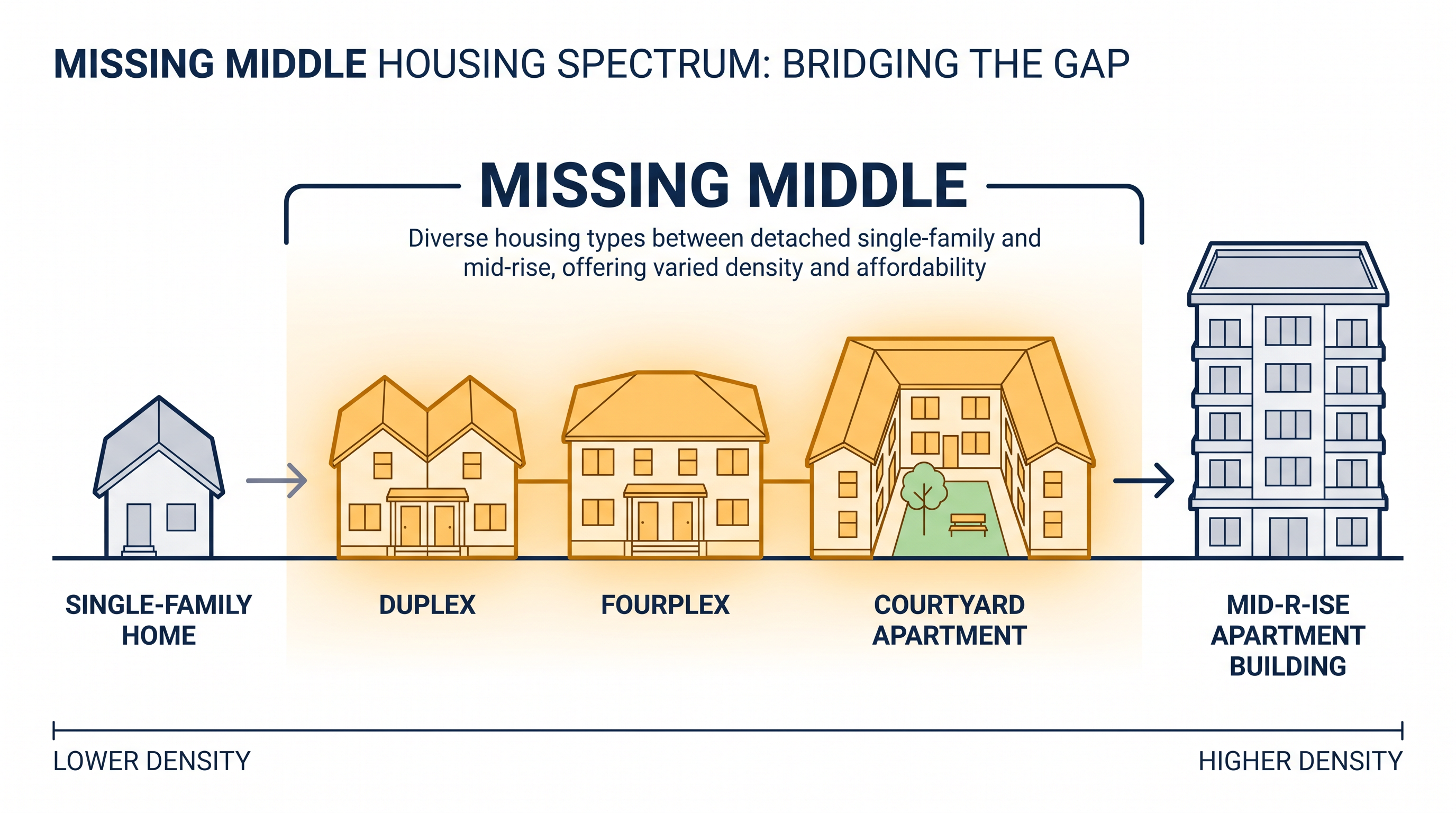 Zoning reforms aim to legalize 'missing middle' housing—structures that bridge the gap between single-family homes and large apartment complexes.