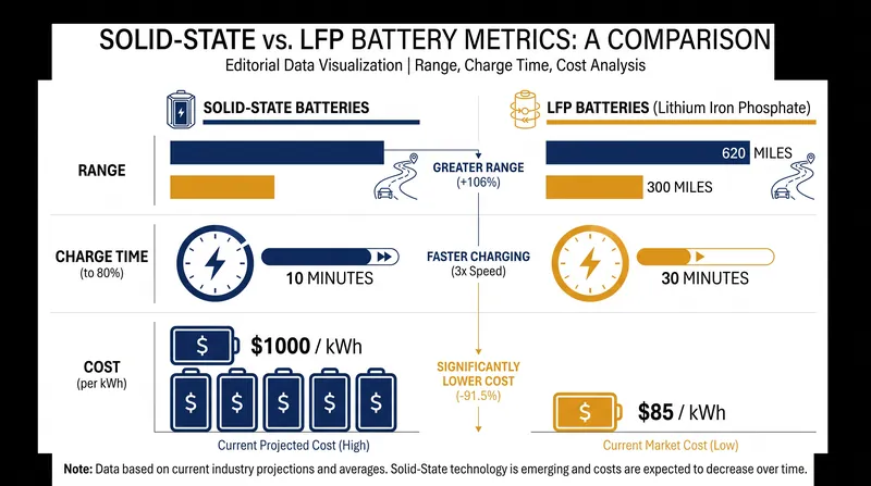 Solid-state batteries promise massive performance gains, but currently face a steep cost premium over LFP chemistry.