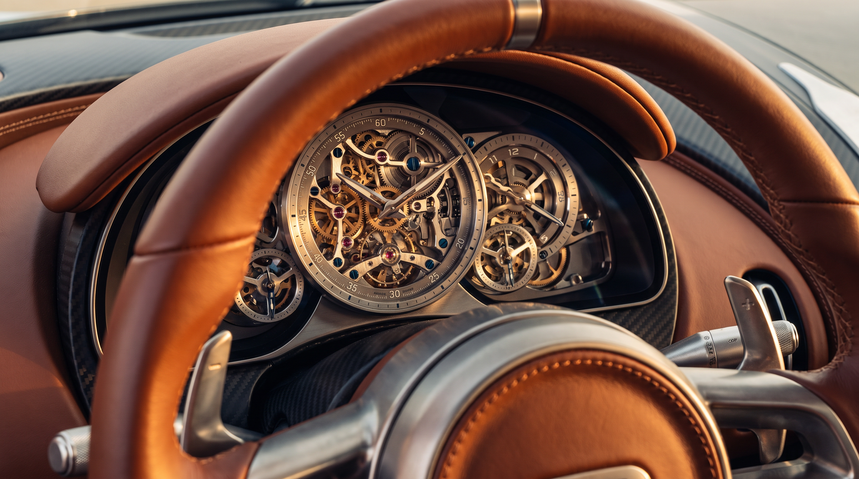 The Tourbillon's analog instrument cluster is designed and built by Swiss watchmakers, reflecting a commitment to mechanical permanence.