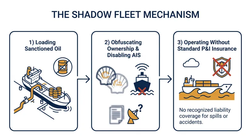 How shadow fleet vessels bypass international maritime regulations and financial accountability.
