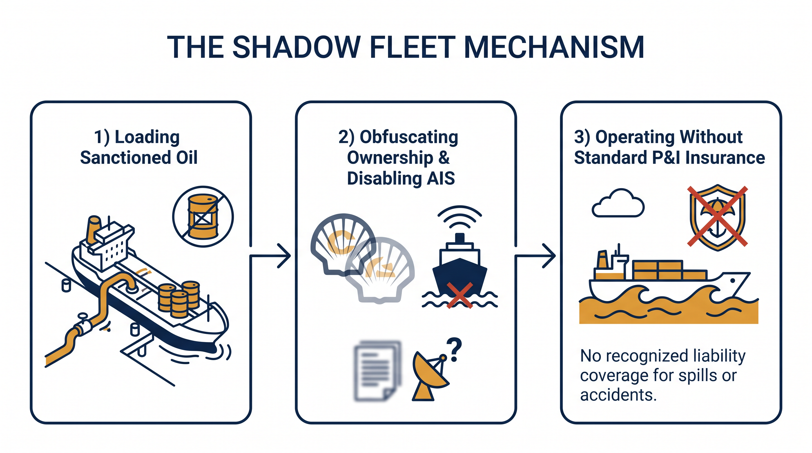 How shadow fleet vessels bypass international maritime regulations and financial accountability.