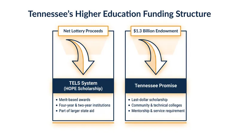 Tennessee utilizes two distinct funding mechanisms to support its college scholarship programs.