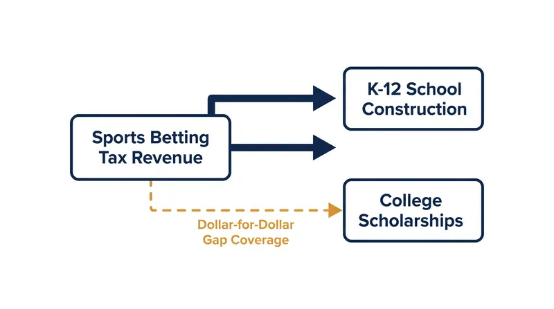Under the 2026 Education Freedom Scholarship Act, sports betting revenue prioritizes K-12 construction but can be pulled to cover scholarship deficits.