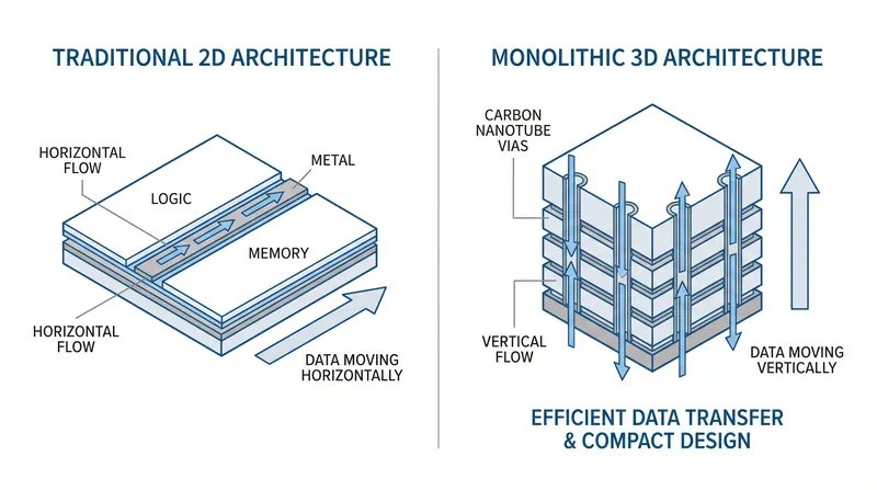 Monolithic 3D integration stacks memory directly on top of logic, drastically shortening data paths.
