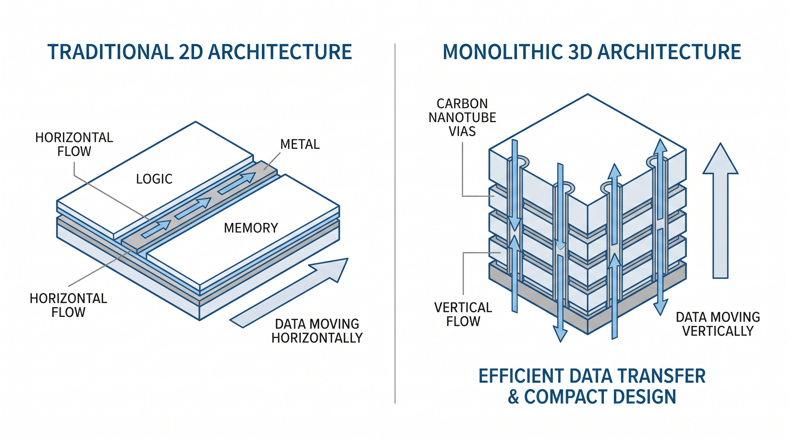 Monolithic 3D integration stacks memory directly on top of logic, drastically shortening data paths.