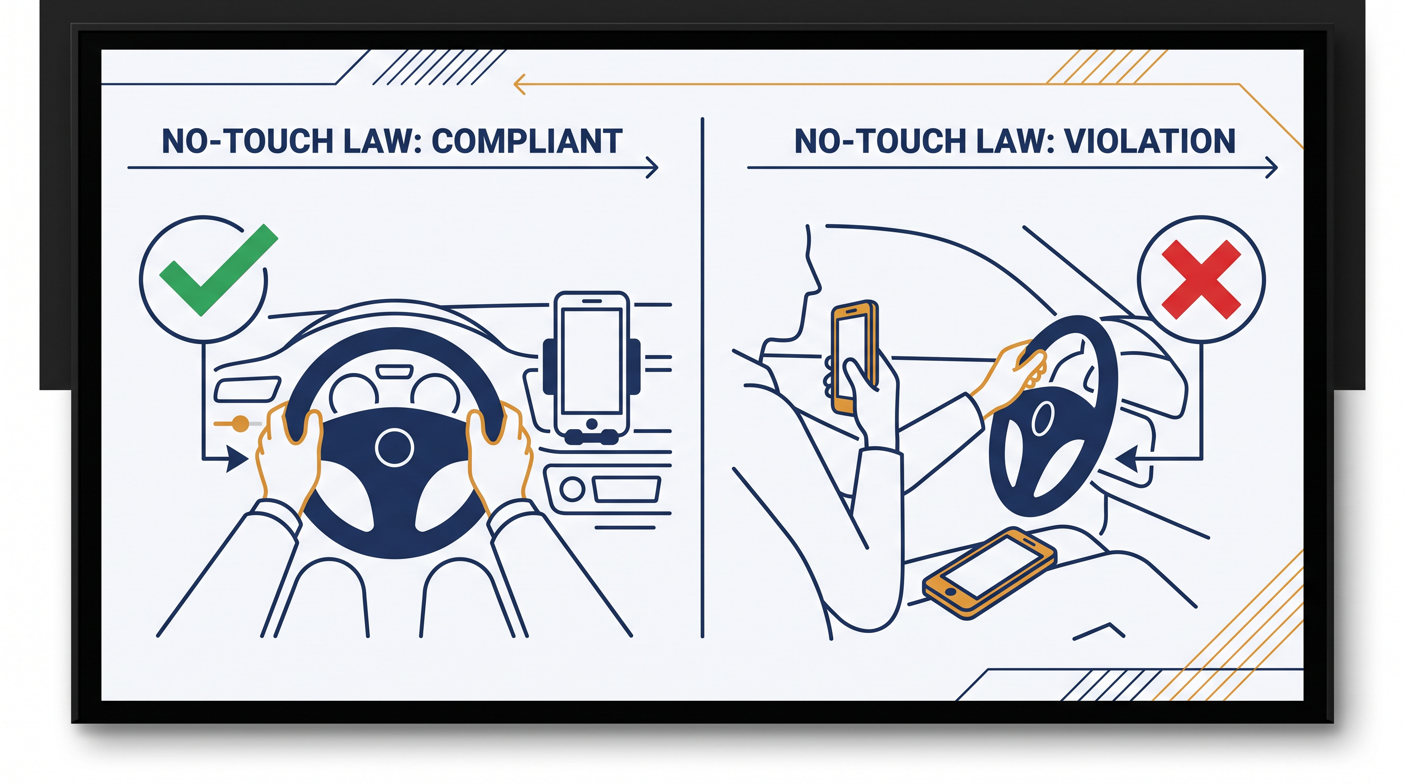 Hands-free laws prohibit supporting a device with any part of the body.