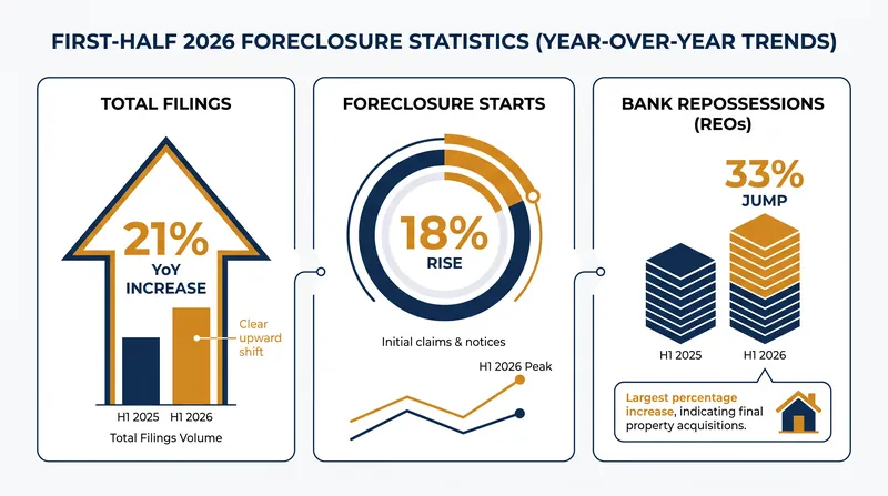 U.S. foreclosure activity in the first half of 2026 compared to the previous year.