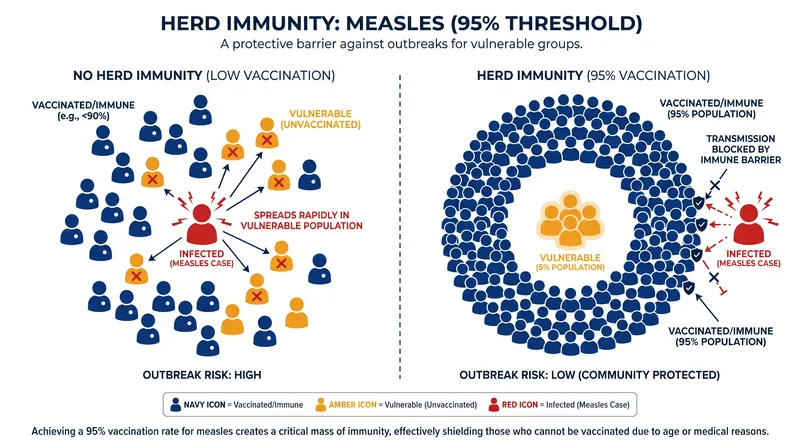 Measles requires a 95% vaccination coverage rate to prevent community transmission and protect vulnerable individuals.