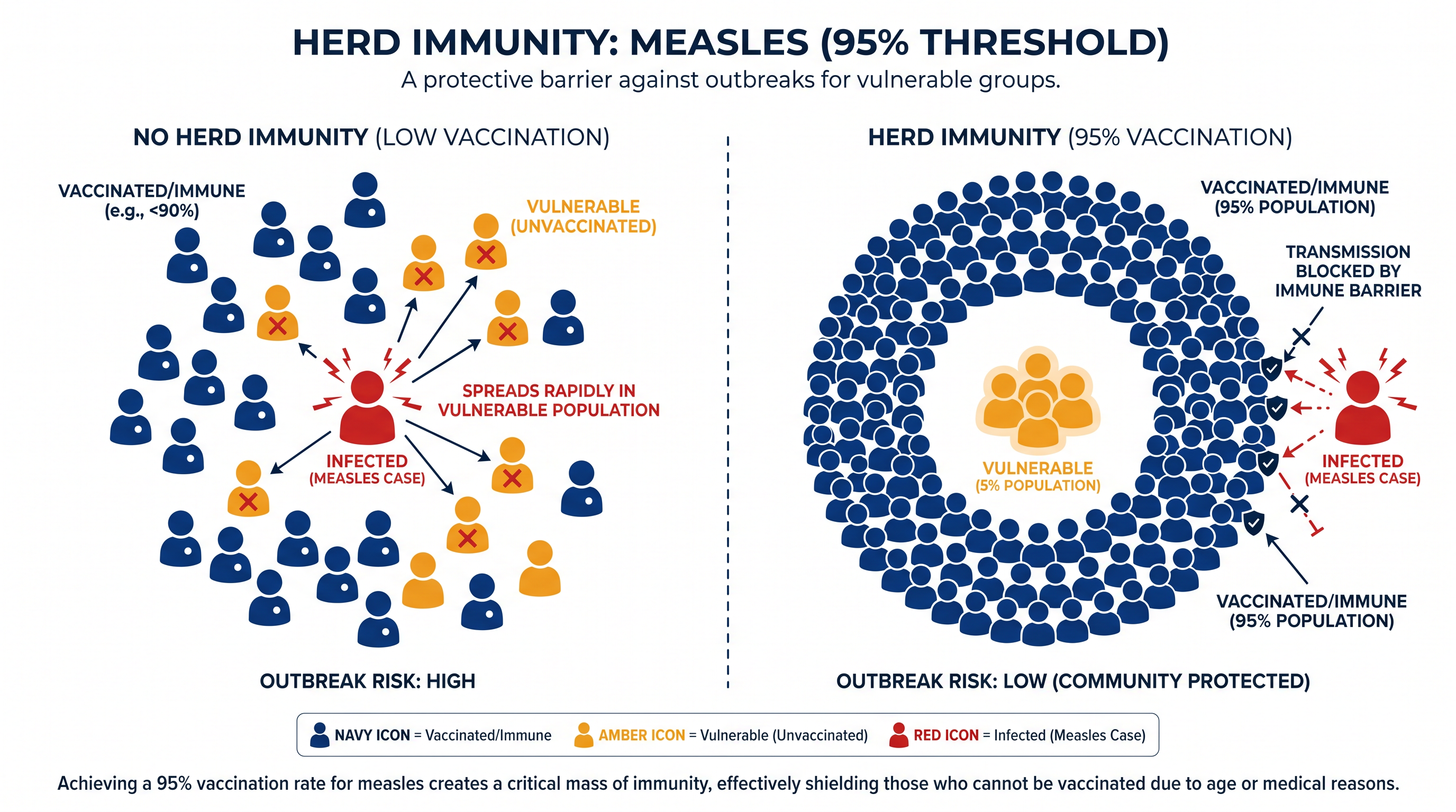 Measles requires a 95% vaccination coverage rate to prevent community transmission and protect vulnerable individuals.