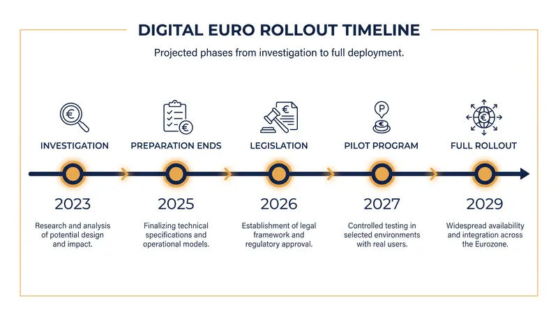 The multi-year timeline leading to the digital euro's public launch.