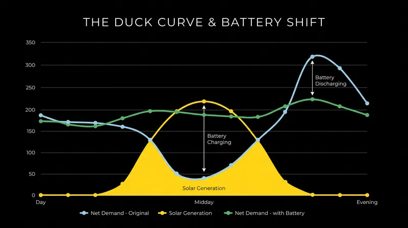 Batteries absorb excess midday solar generation and discharge it during the vulnerable evening demand peak.