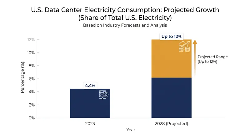 Data center electricity consumption is projected to nearly triple by 2028, driven by the demands of AI training and inference.