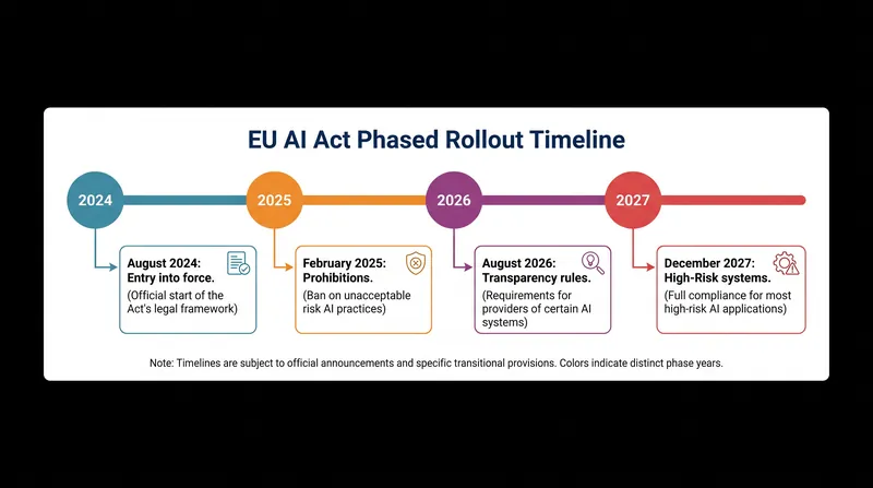 The phased implementation of the EU AI Act, updated to reflect the Digital Omnibus extensions for high-risk systems.