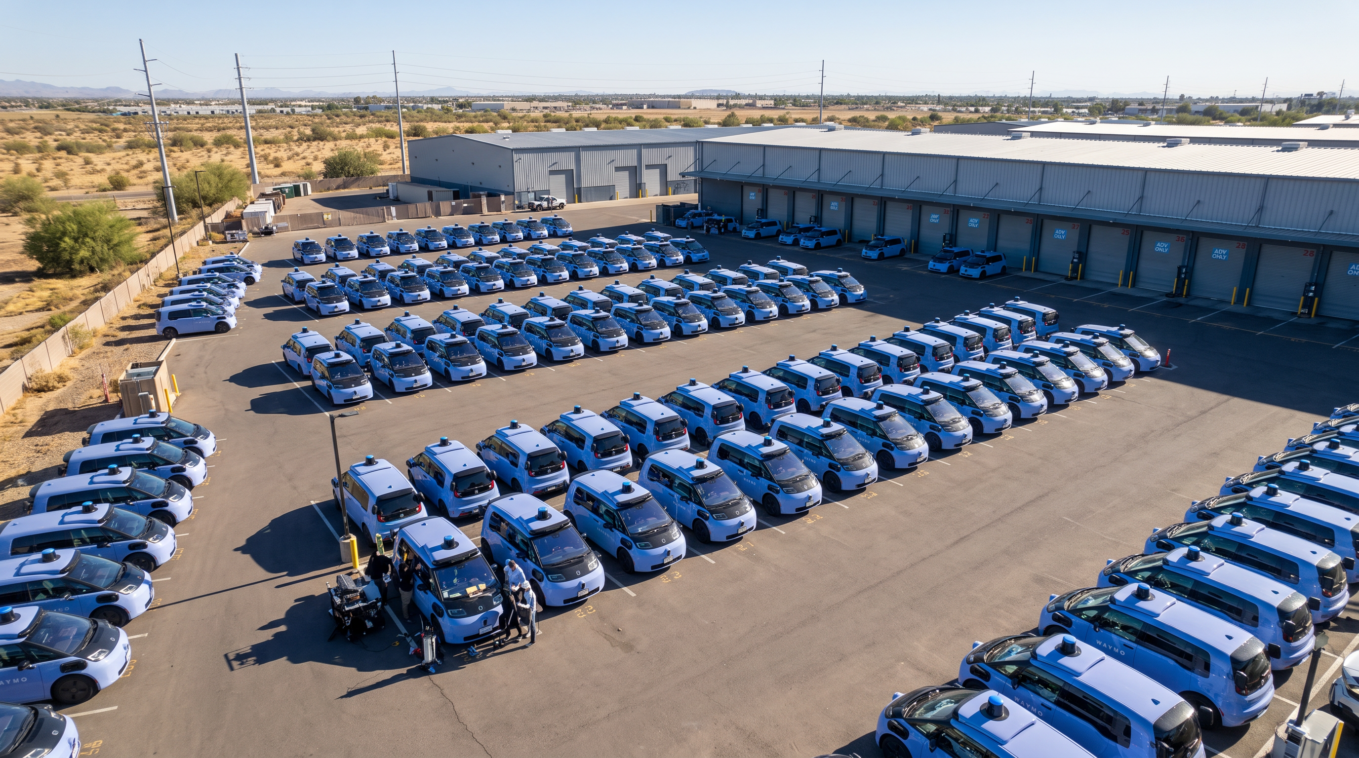 Hundreds of Zeekr-built vans stage at a facility in Mesa, Arizona, awaiting installation of the Waymo Driver system.