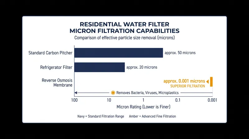 Reverse osmosis membranes offer a significantly tighter micron rating than standard activated carbon filters.