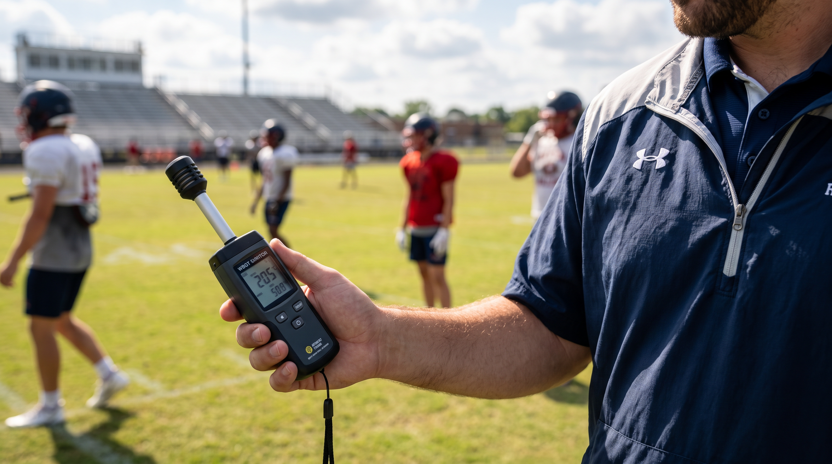 Handheld WBGT monitors allow athletic trainers to measure on-field conditions in real time.