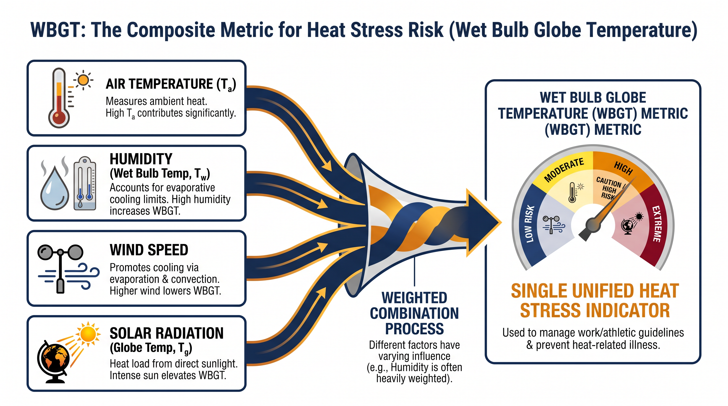 Unlike the standard heat index, WBGT accounts for direct sunlight and wind speed, providing a more accurate measure of athletic heat stress.
