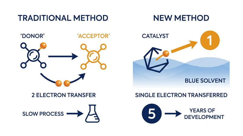 Unlike traditional single-electron transfer, the new catalyst releases a highly reactive solvated electron that bypasses normal thermodynamic preferences.