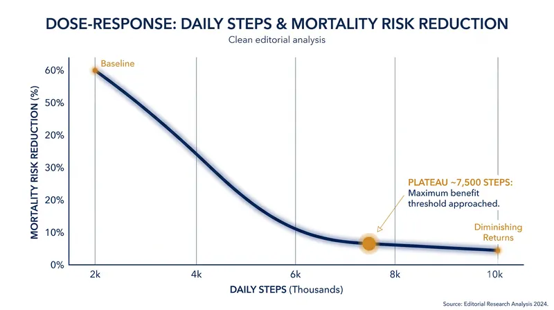 Mortality risk drops sharply as step counts increase from a sedentary baseline, but the benefits eventually plateau.