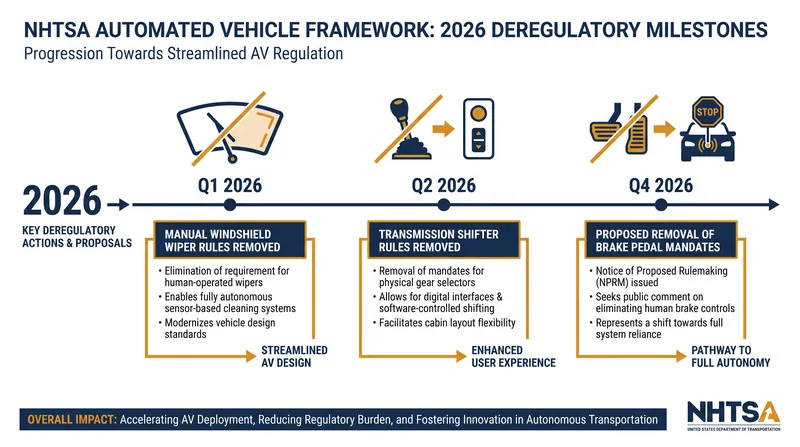 The brake pedal proposal is part of a broader 2026 federal initiative to modernize safety standards for driverless vehicles.