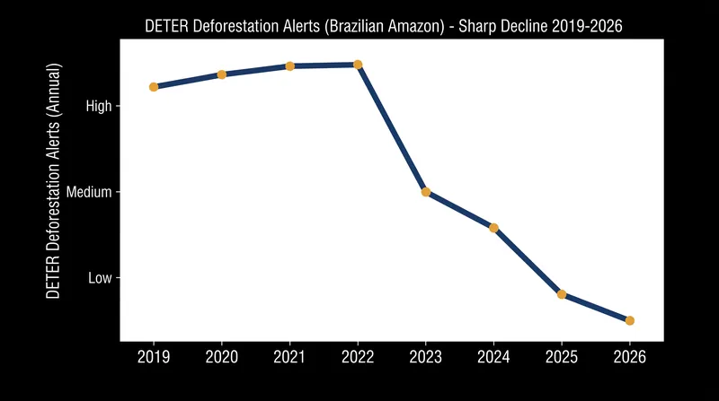 DETER satellite alerts show a dramatic reduction in forest clearing over the past three years.