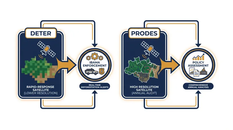 Brazil relies on a dual-satellite approach: DETER for rapid tactical response, and PRODES for high-resolution annual audits.