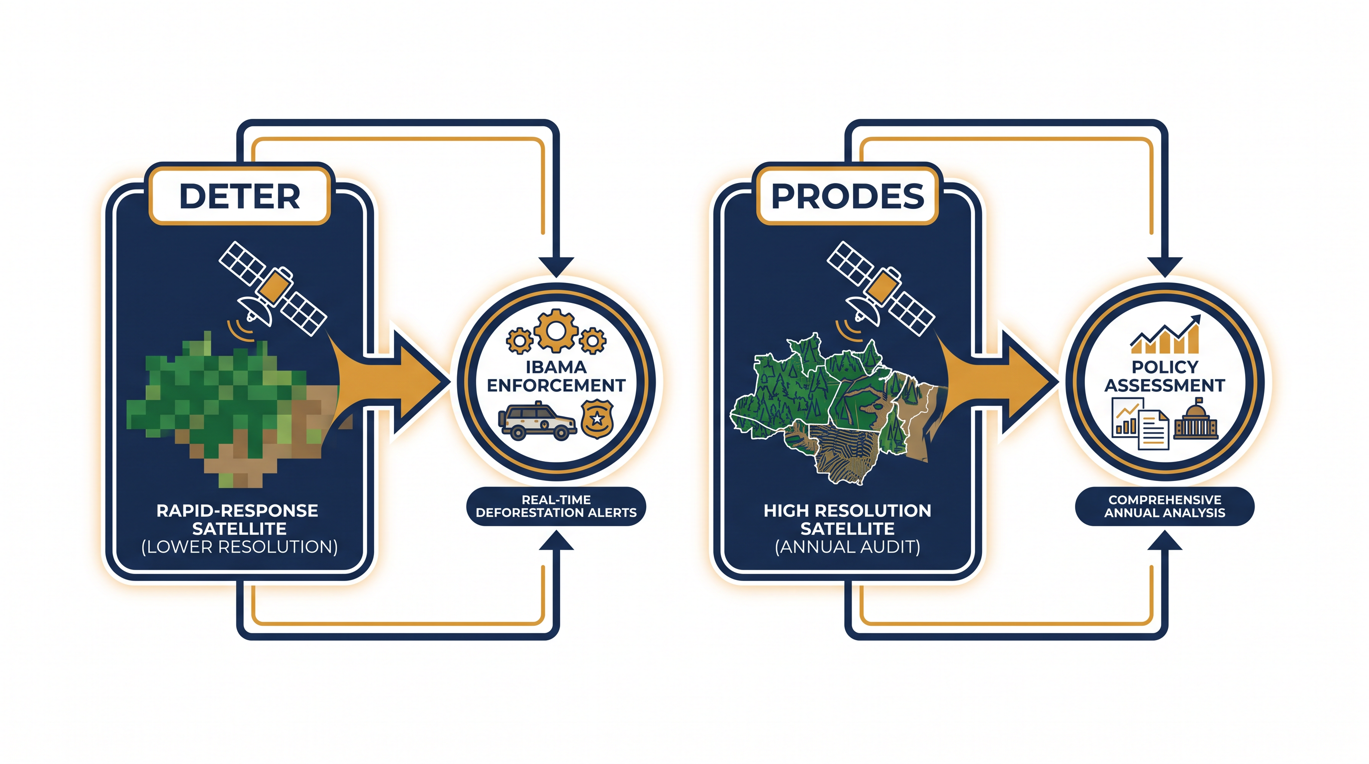 Brazil relies on a dual-satellite approach: DETER for rapid tactical response, and PRODES for high-resolution annual audits.