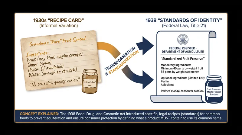Standards of Identity were originally designed to codify traditional recipes into federal law to prevent food fraud.