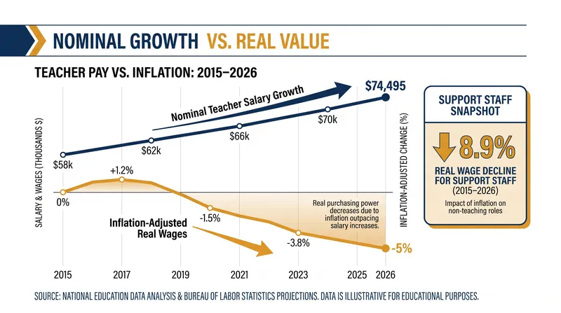 Nominal pay increases have masked a structural decline in real earnings for both teachers and support staff over the past decade.