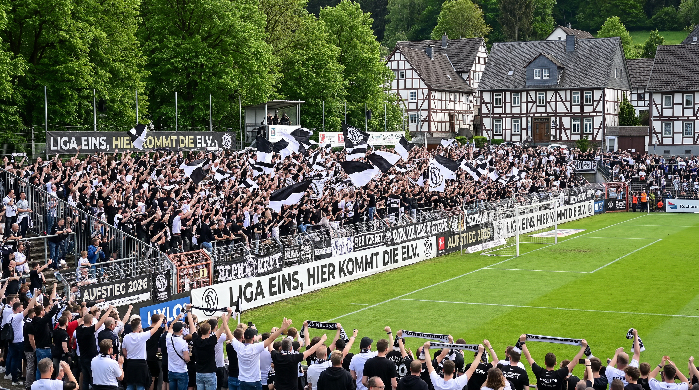SV Elversberg supporters celebrate their club's unprecedented promotion to the Bundesliga.