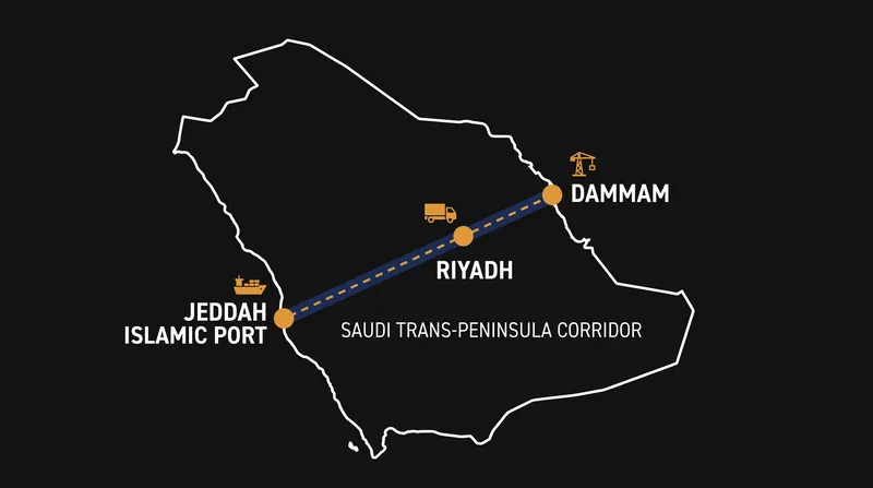The Saudi land bridge connects Red Sea ports directly to the Persian Gulf via rail and highway.