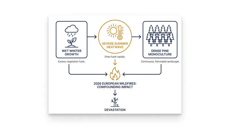 A combination of meteorological extremes and structural land-use vulnerabilities primed Southern Europe for extreme fire behavior.