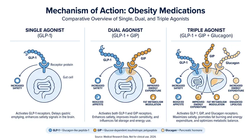 Retatrutide introduces a third mechanism—glucagon activation—which directly increases resting energy expenditure.