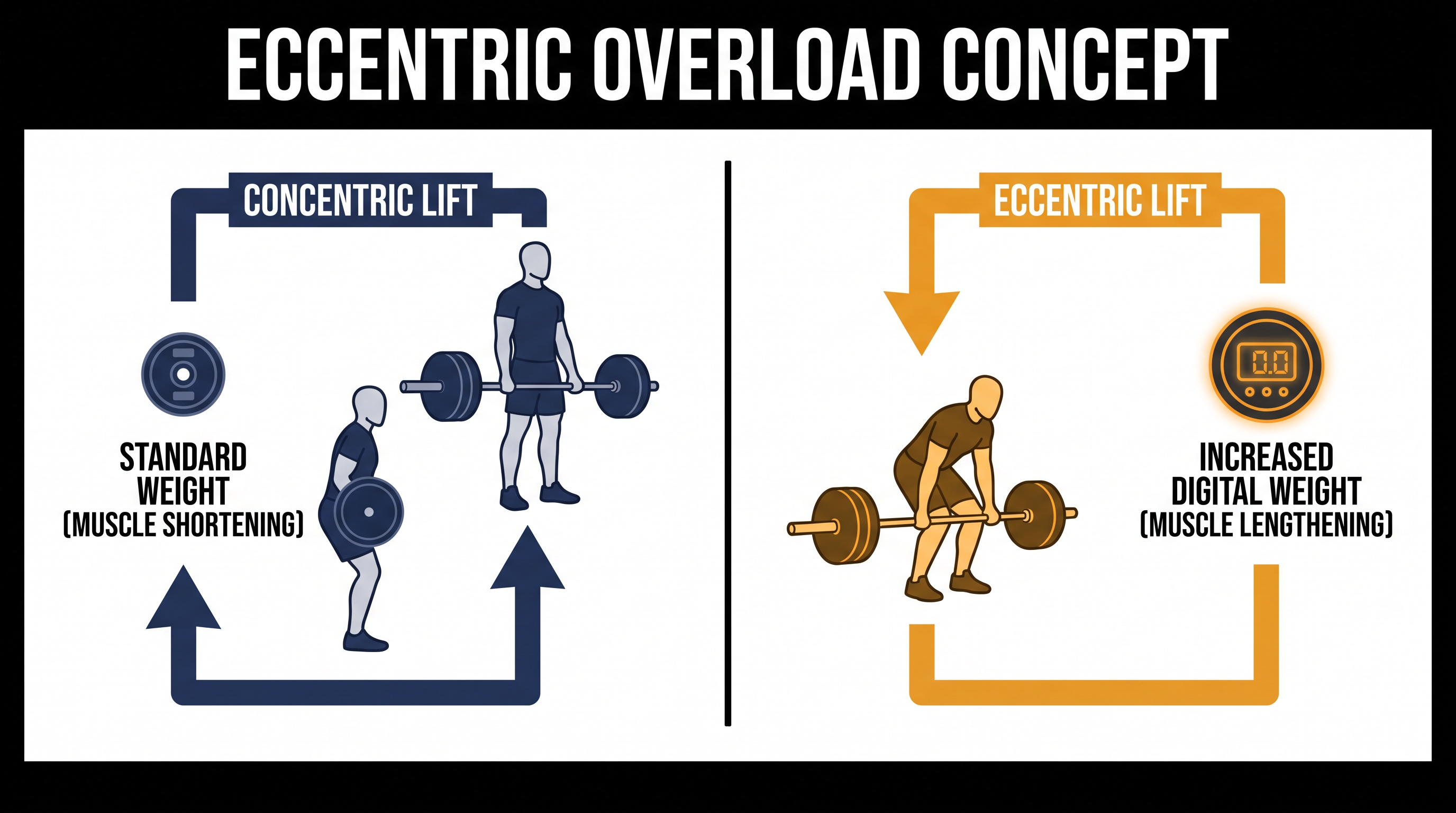 Eccentric overload dynamically increases resistance during the lowering phase of a lift, maximizing muscle tension.
