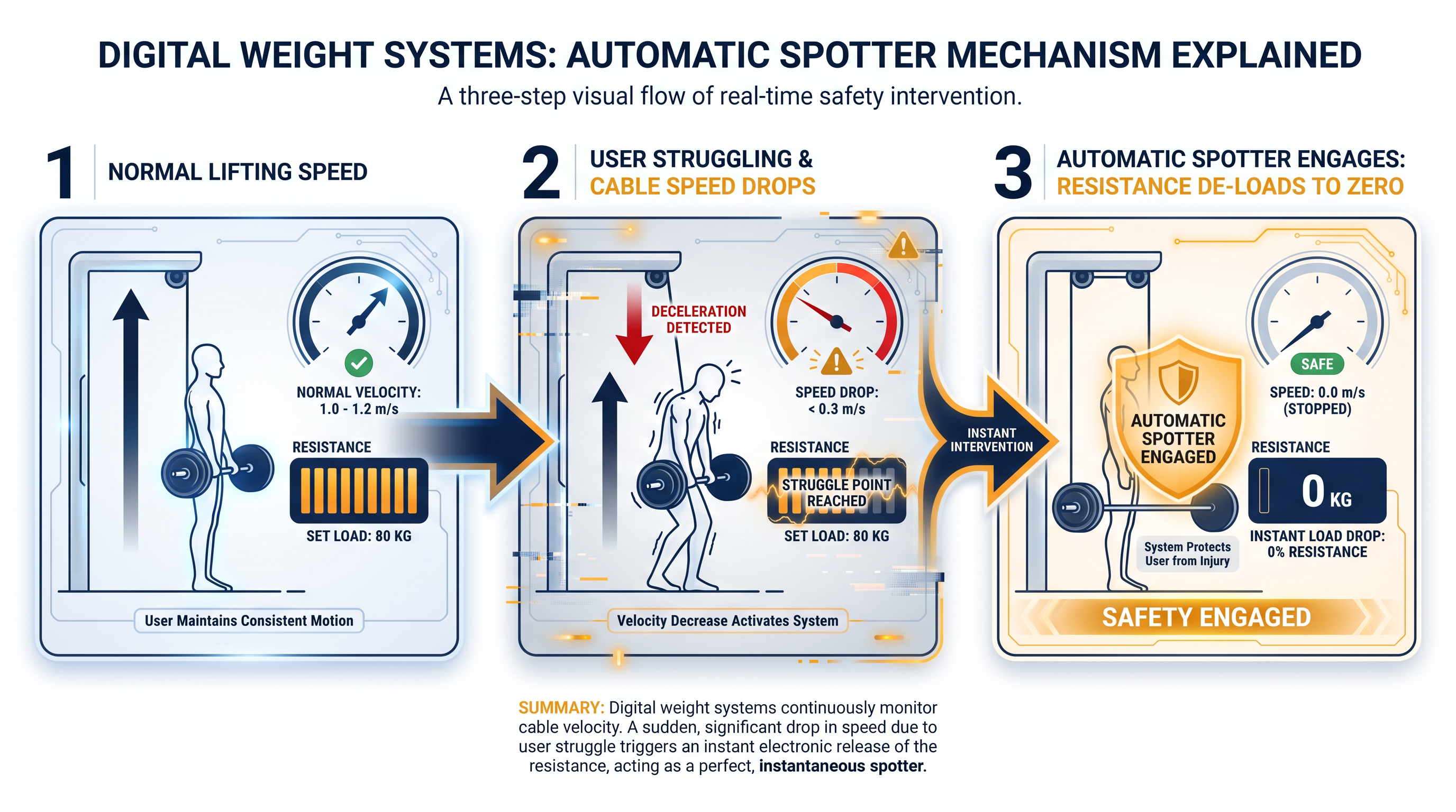 Built-in sensors act as an automatic spotter, instantly removing resistance if a user fails a repetition.