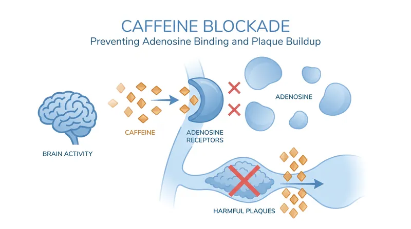 Caffeine actively blocks specific brain receptors, a mechanism believed to prevent the cellular damage that leads to dementia.