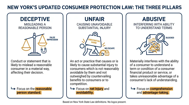 The FAIR Act expands New York's consumer protection beyond 'deceptive' practices to include 'unfair' and 'abusive' conduct.